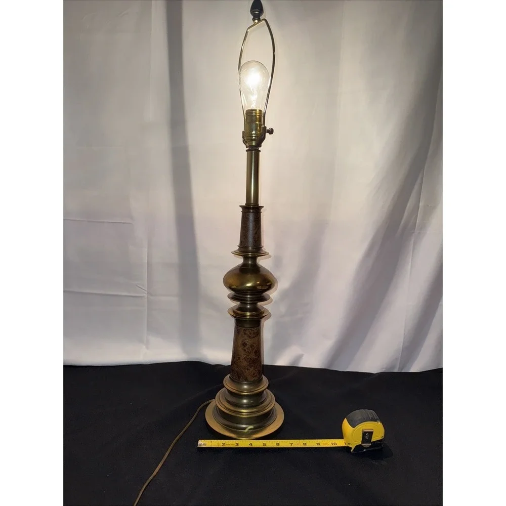 Vintage Solid Brass Table Lamp Pair Hollywood Regency Faux‎ Wood Accent Lighting